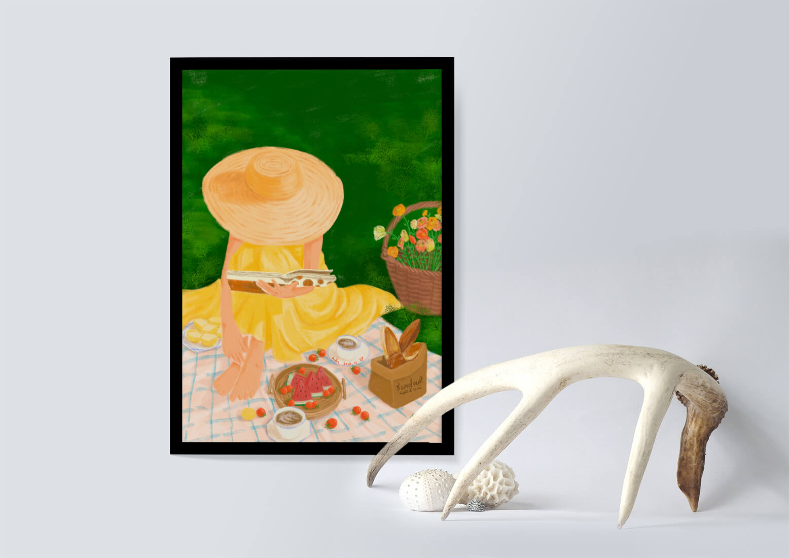 Picnic in the Park with Straw Hat and Flowers