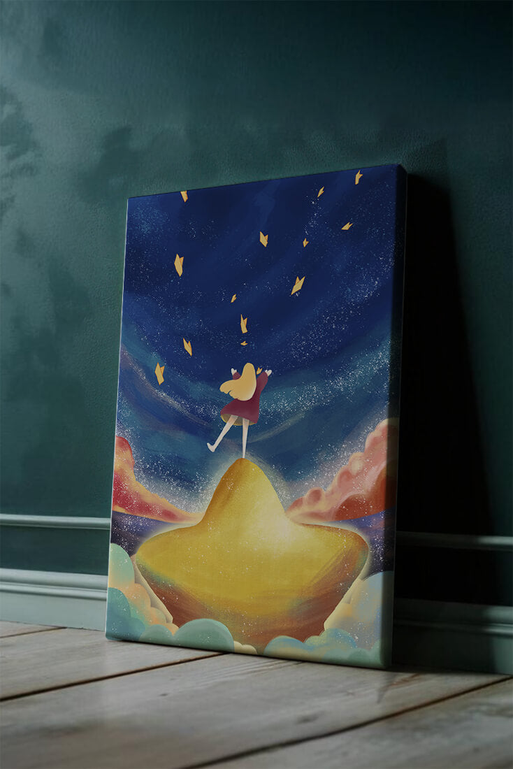 Girl standing on a golden hill reaching for stars in a dreamy night sky