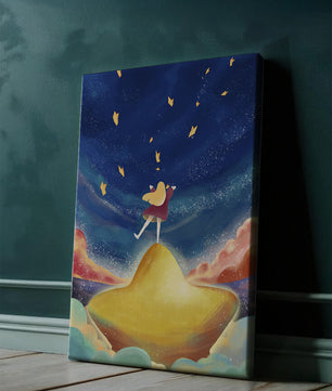 Girl standing on a golden hill reaching for stars in a dreamy night sky