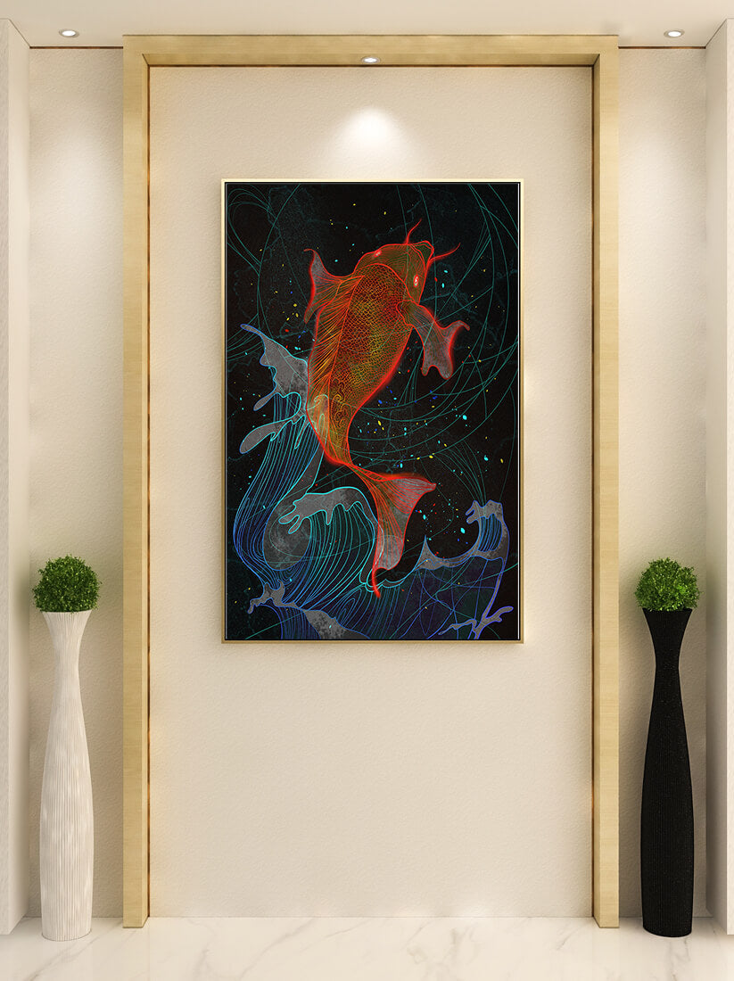 Koi Fish with Abstract Waves in Vibrant Colors