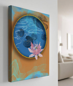 Abstrakte Seerosenkunst mit goldenen Akzenten auf blauem und orangefarbenem Hintergrund