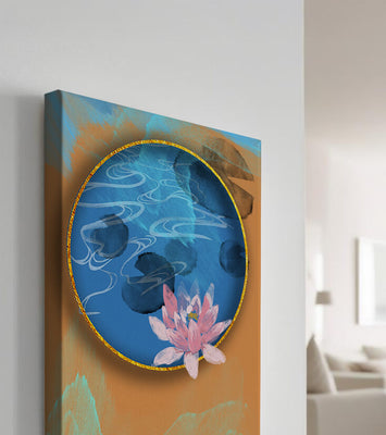Abstract water lily art with gold accents on blue and orange background