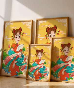 Ilustración oriental que presenta a una chica con atuendo tradicional, un abanico y flores de loto