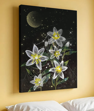 Luminous Night Flowers Under a Starry Sky with Golden Moon - Mi tienda