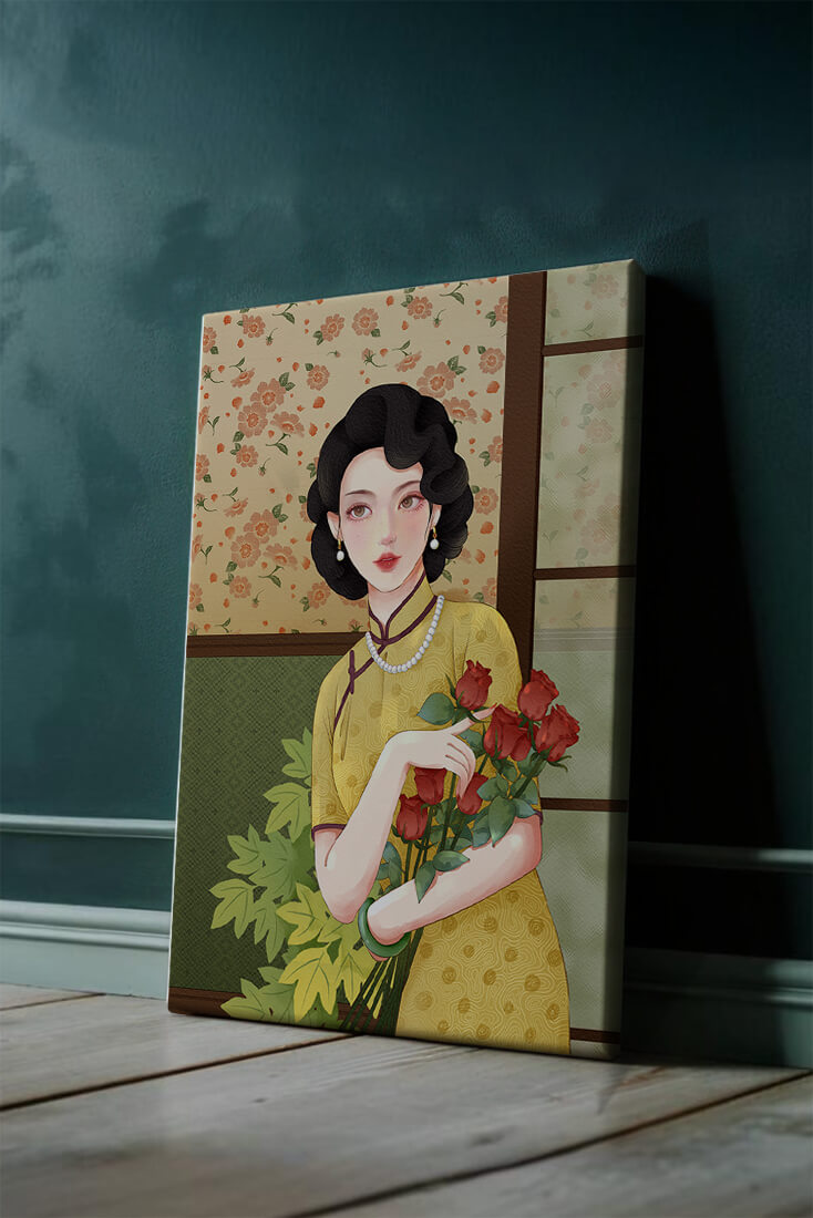 Elegant woman with floral backdrop holding a bouquet