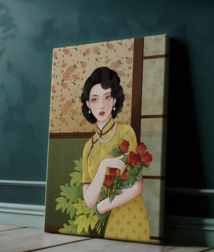 Mujer elegante con fondo floral sosteniendo un ramo