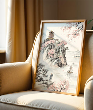 Tranquil Landscape with Cherry Blossoms and Traditional Pagoda