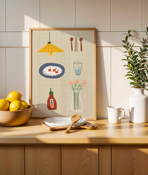 Artículos de cocina ilustrados que incluyen lámpara, utensilios y flores