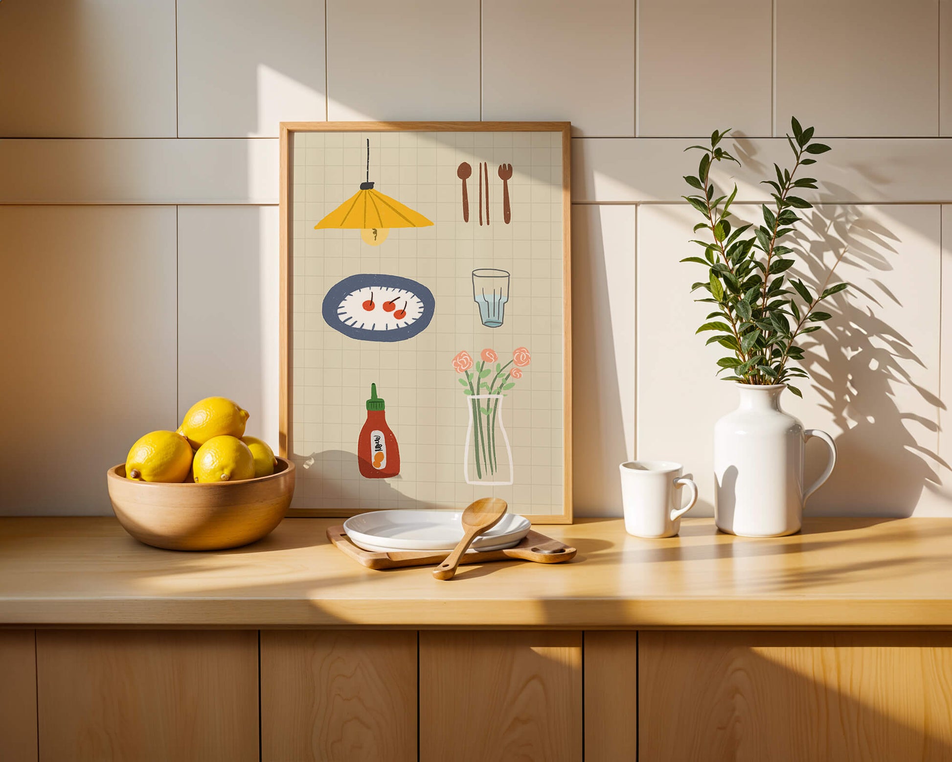 Artículos de cocina ilustrados que incluyen lámpara, utensilios y flores