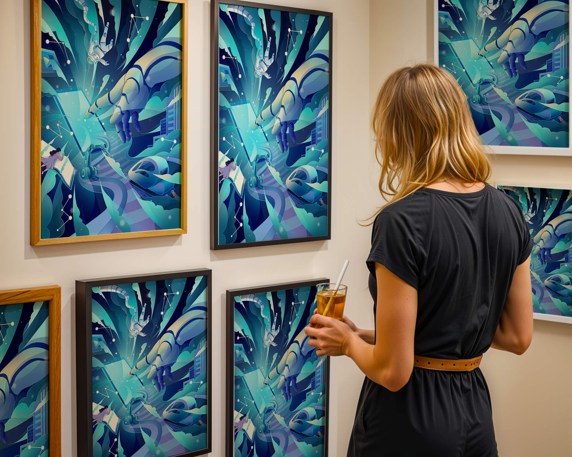 Futuristic digital artwork featuring astronaut and robotic hand in vibrant blue tones