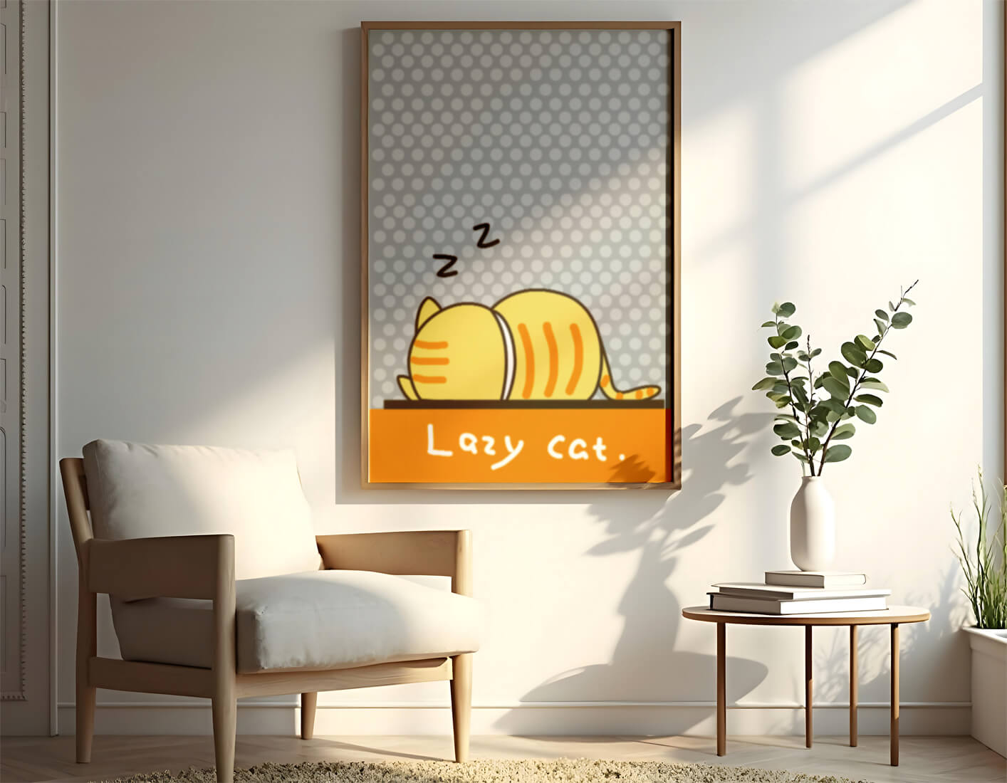 Sleeping cartoon cat with polka dot background