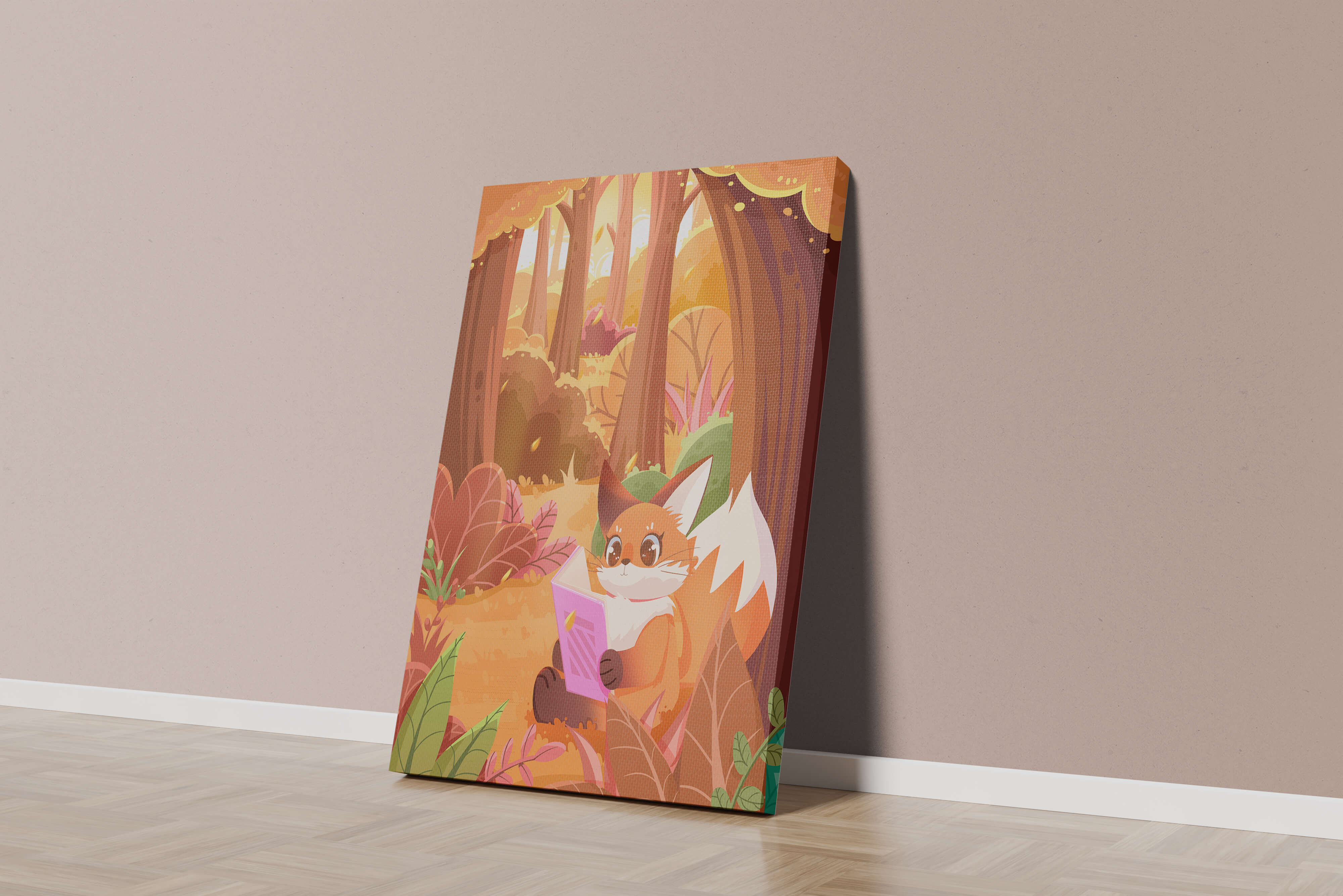 Fox reading a book in a whimsical autumn forest
