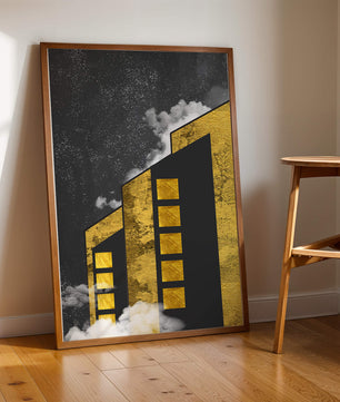 Ilustración arquitectónica artística con elementos dorados y cielo nocturno