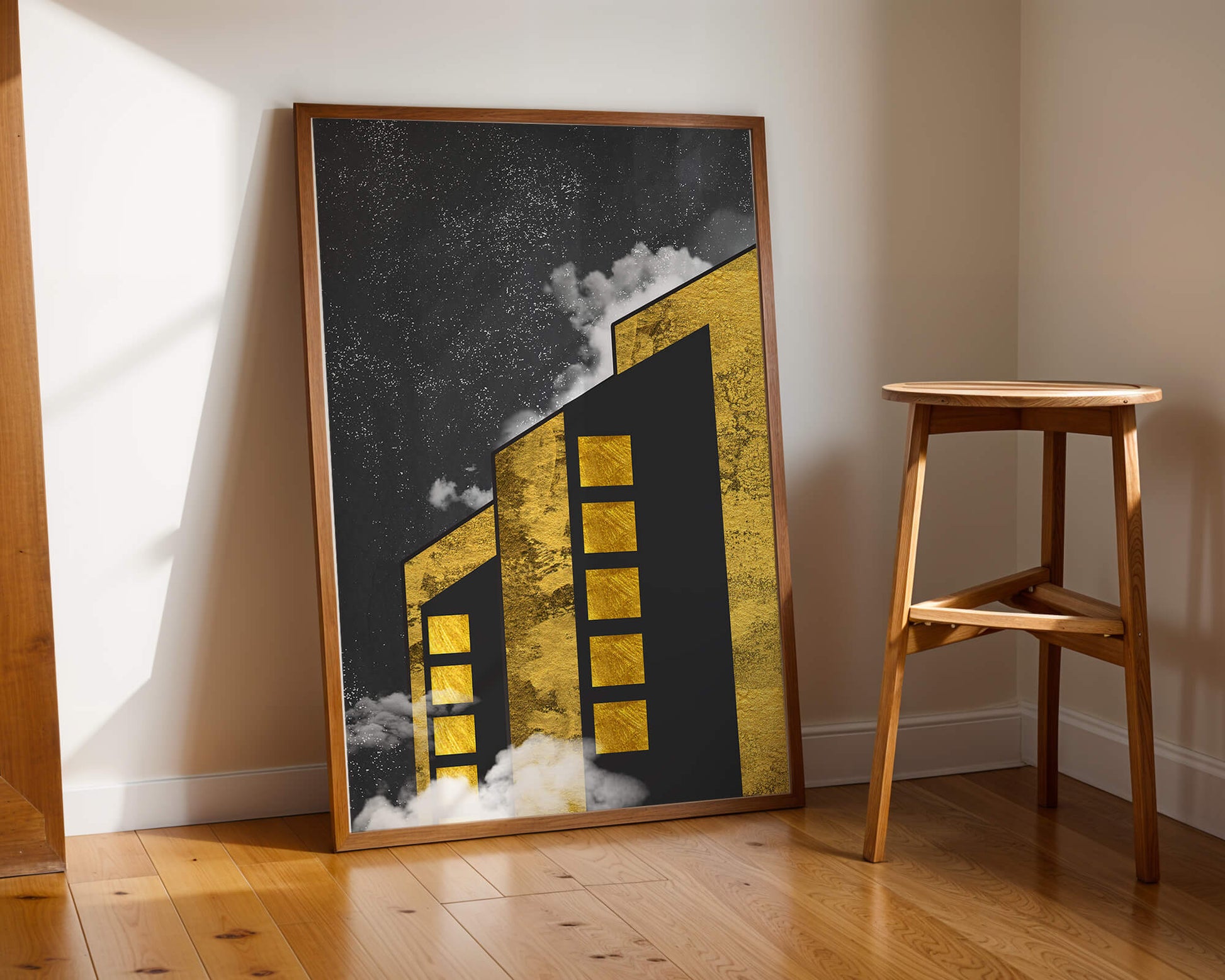 Artistic architectural illustration with golden elements and night sky