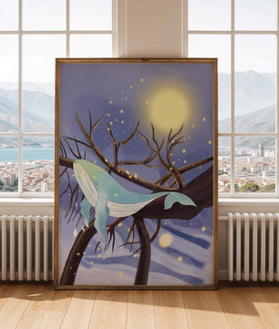 Whale resting on tree branches under starry night sky