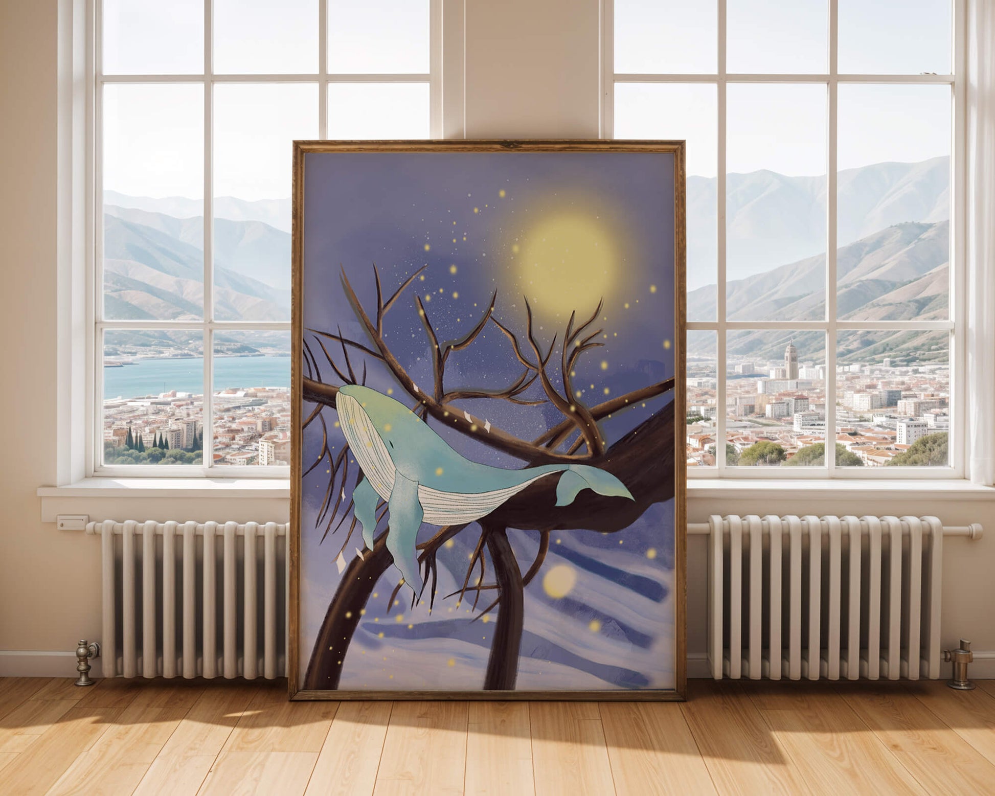 Whale resting on tree branches under starry night sky