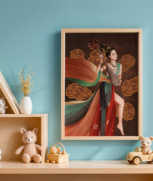 Elegante representación de una mujer tocando un instrumento de cuerda tradicional con ropajes fluidos y fondo ornamentado