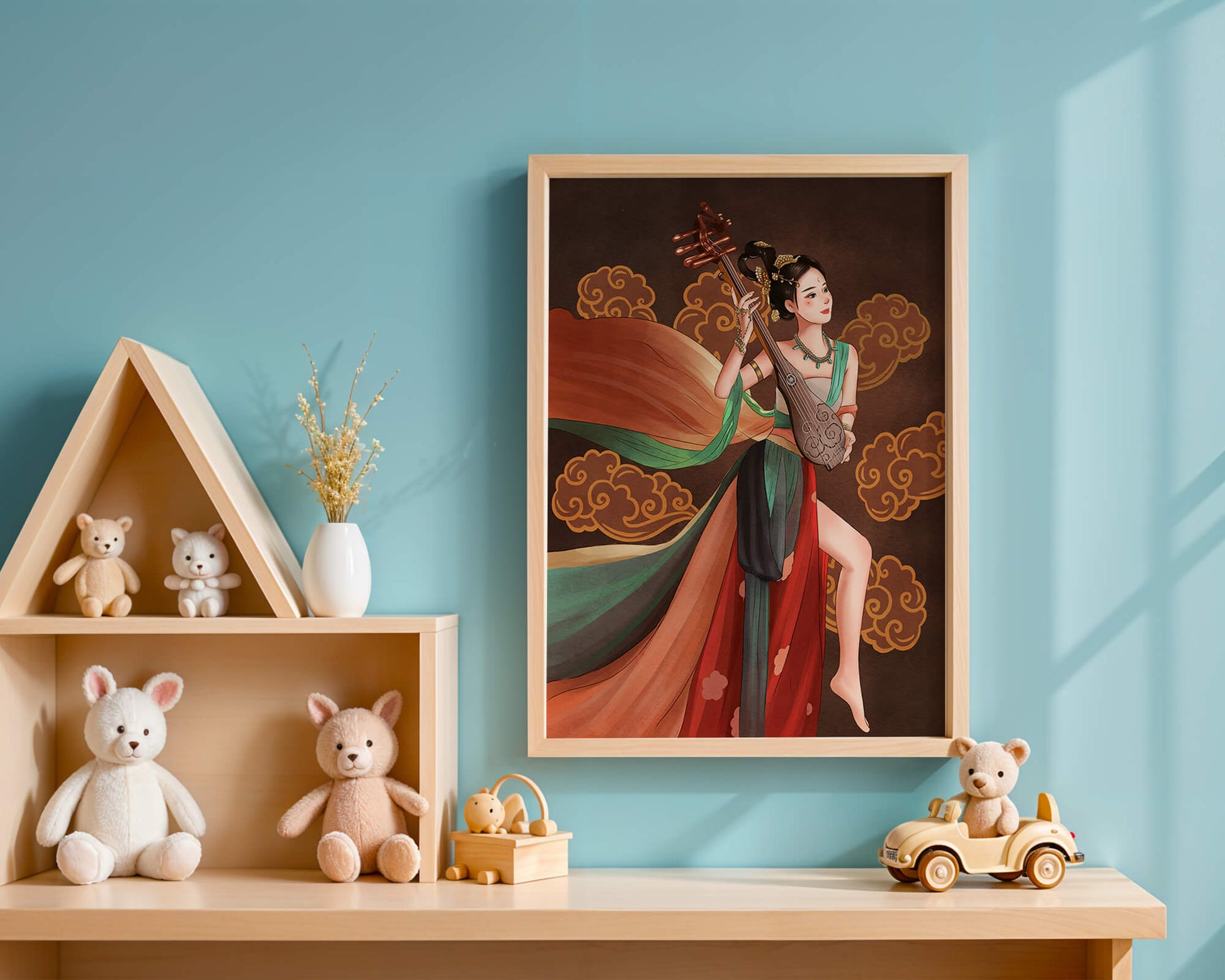 Elegant depiction of a woman playing a traditional string instrument with flowing garments and ornate background