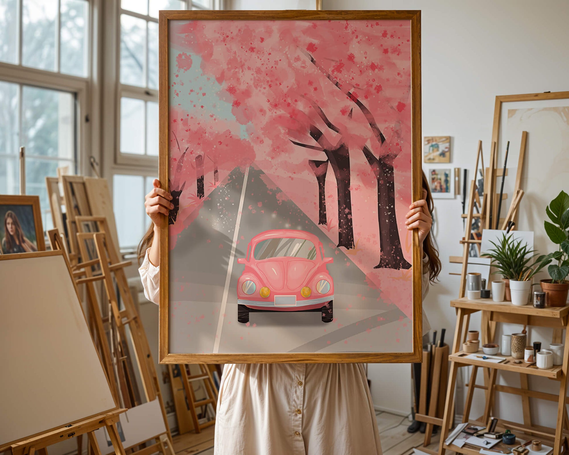 Pink vintage car on a cherry blossom road