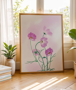 Delicadas flores de cosmos rosa sobre un fondo pastel suave