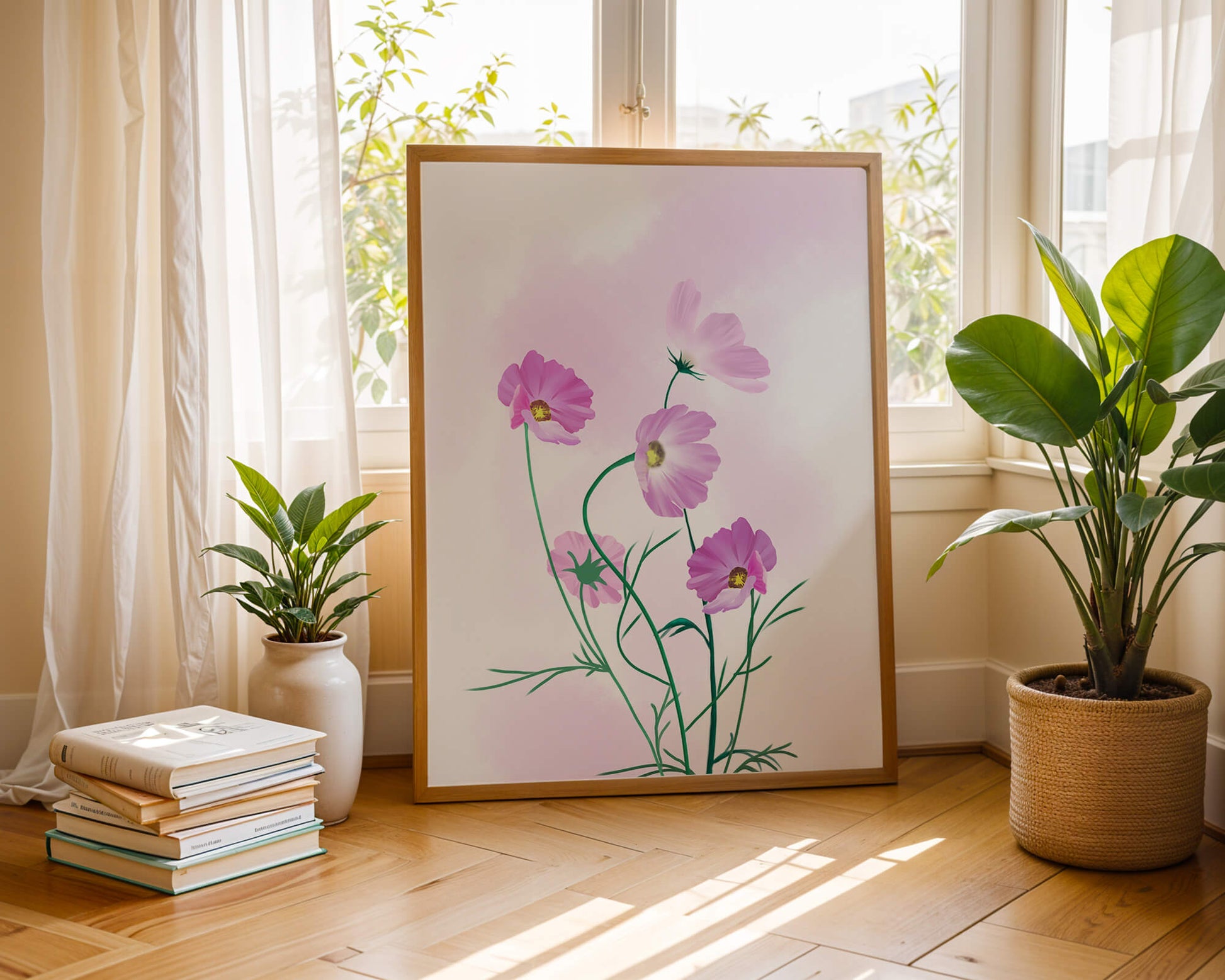 Delicate Pink Cosmos Flowers on Soft Pastel Background
