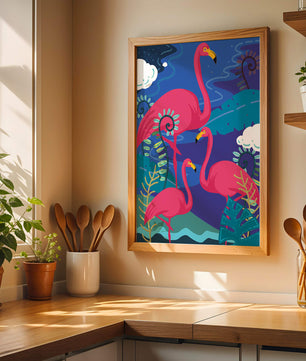 Colorful illustration of flamingos in a tropical setting