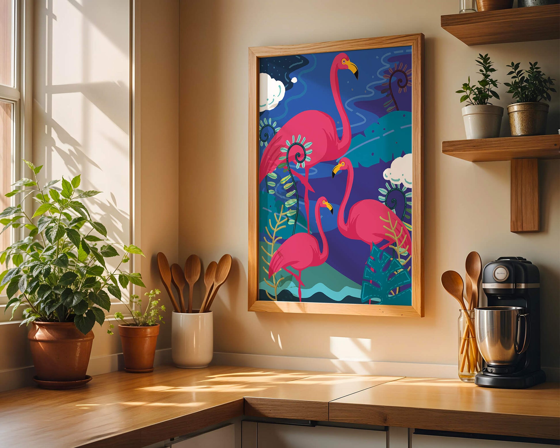 Colorful illustration of flamingos in a tropical setting