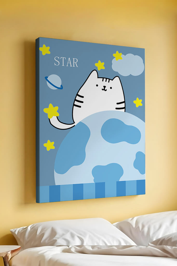 Illustration of a cute cat in space with stars and planets