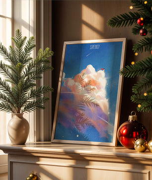 Whimsical illustration of superboy with dreamy cloudscape