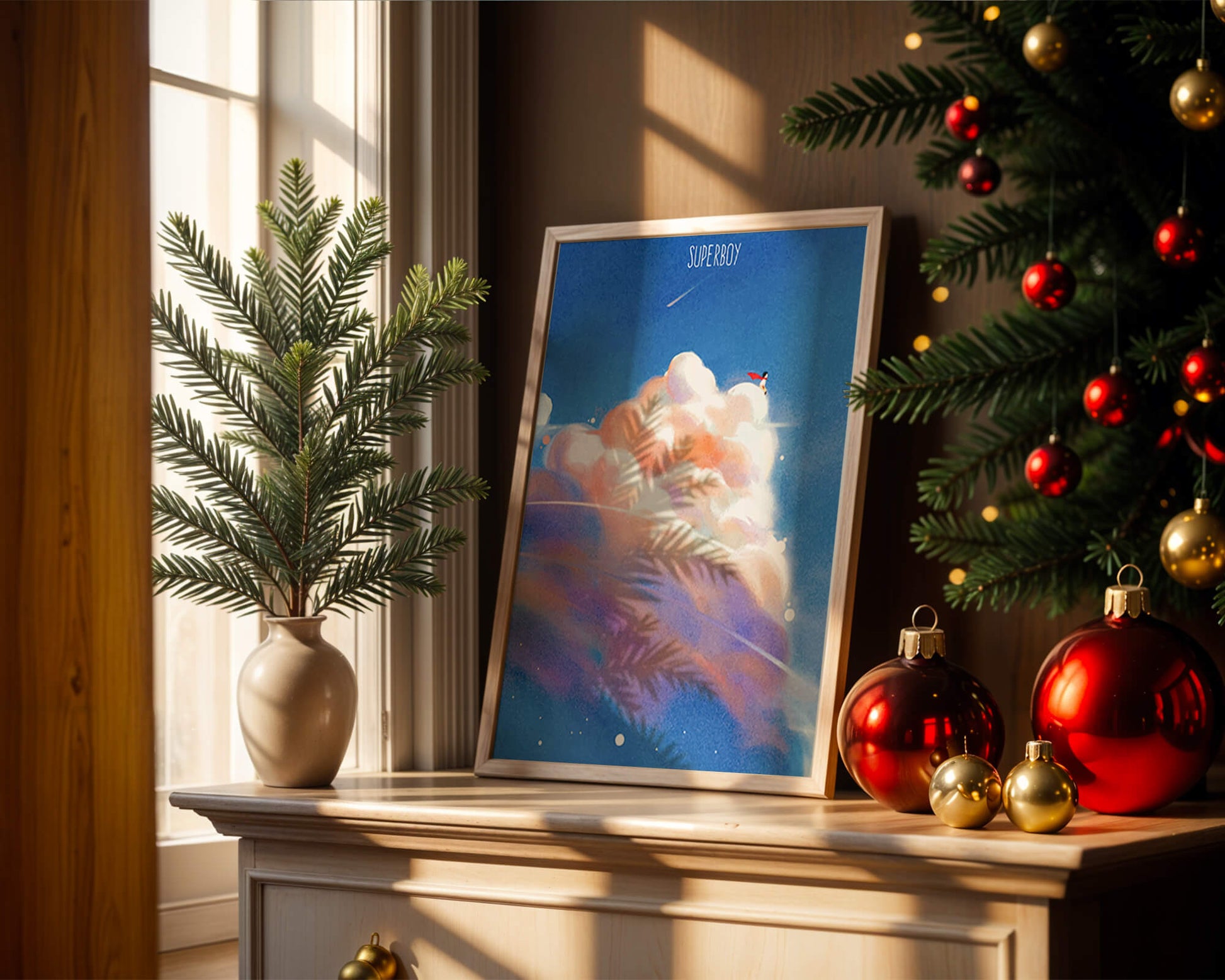 Whimsical illustration of superboy with dreamy cloudscape
