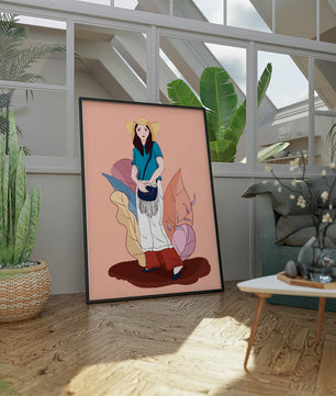 Ilustración de moda de una mujer con sombrero sobre fondo pastel