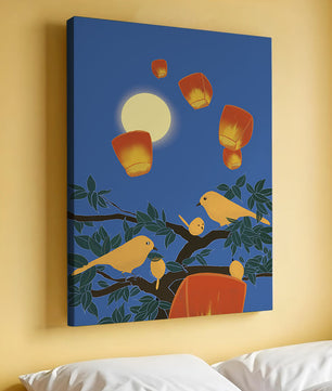 Lanterns and Birds Under the Night Sky