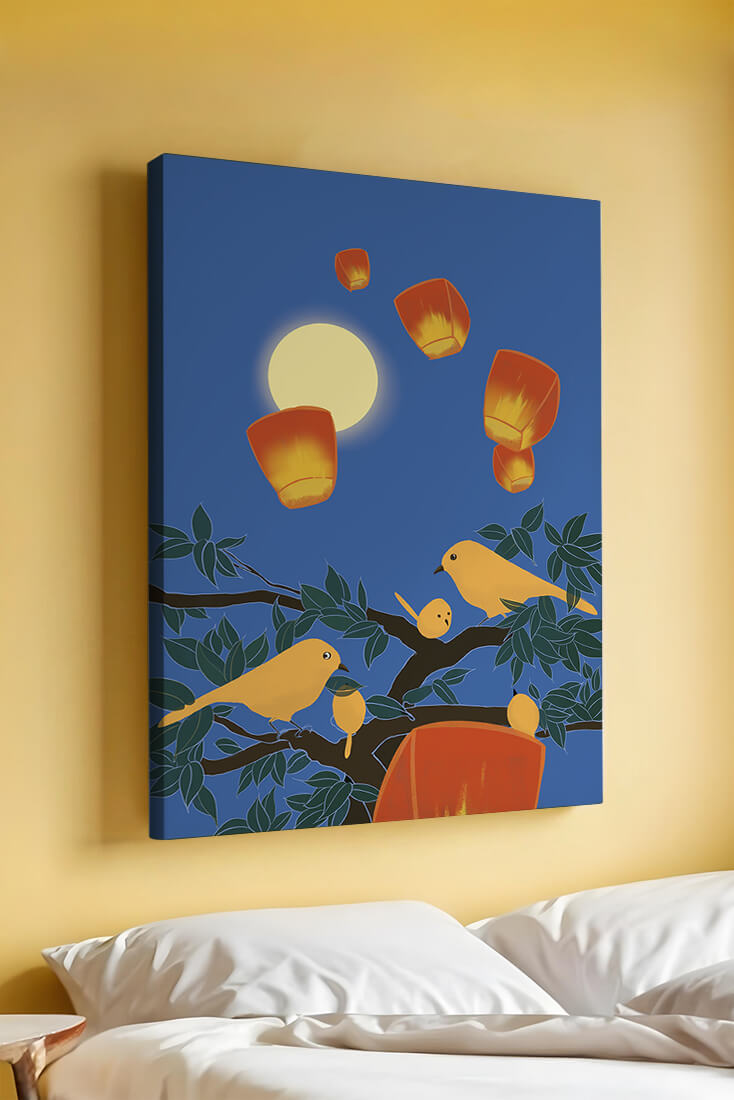 Lanterns and Birds Under the Night Sky