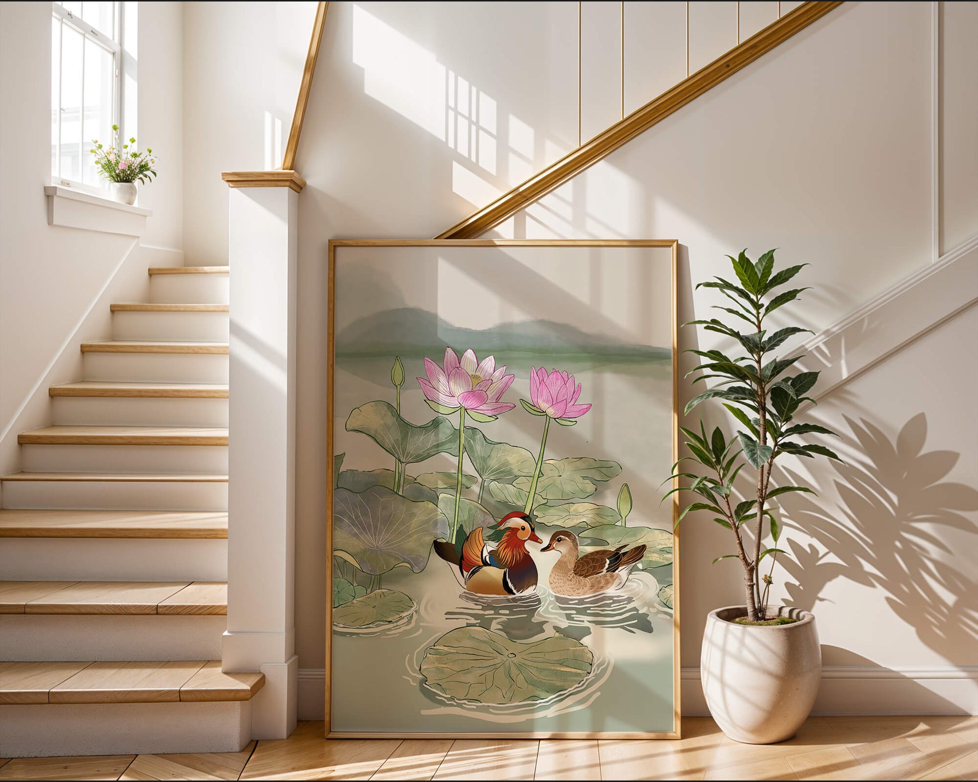 Patos mandarines y flores de loto en un estanque tranquilo