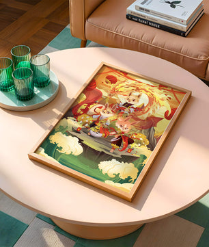 Fantastical scene with anthropomorphic animals and a dragon in a vibrant setting