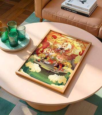 Fantastical scene with anthropomorphic animals and a dragon in a vibrant setting