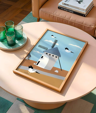Windmill Landscape with Birds in a Minimalist Style