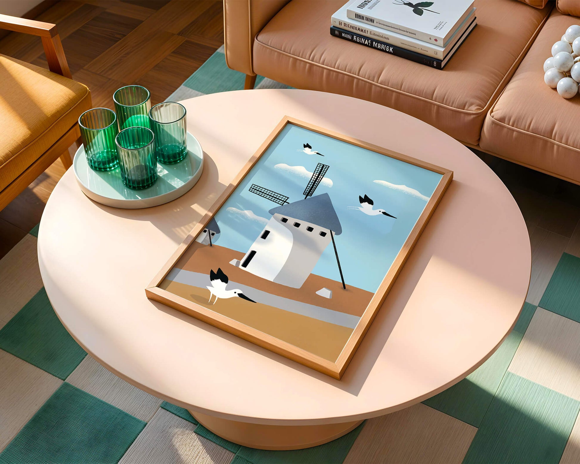 Paisaje de molino de viento con pájaros en estilo minimalista