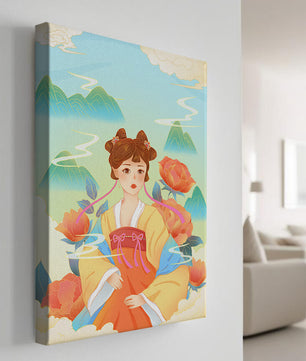 Traditional Asian Art with Woman in Hanfu Surrounded by Mountains and Peonies