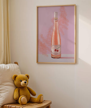 Illustrated wine bottle with a cherry label on pink background