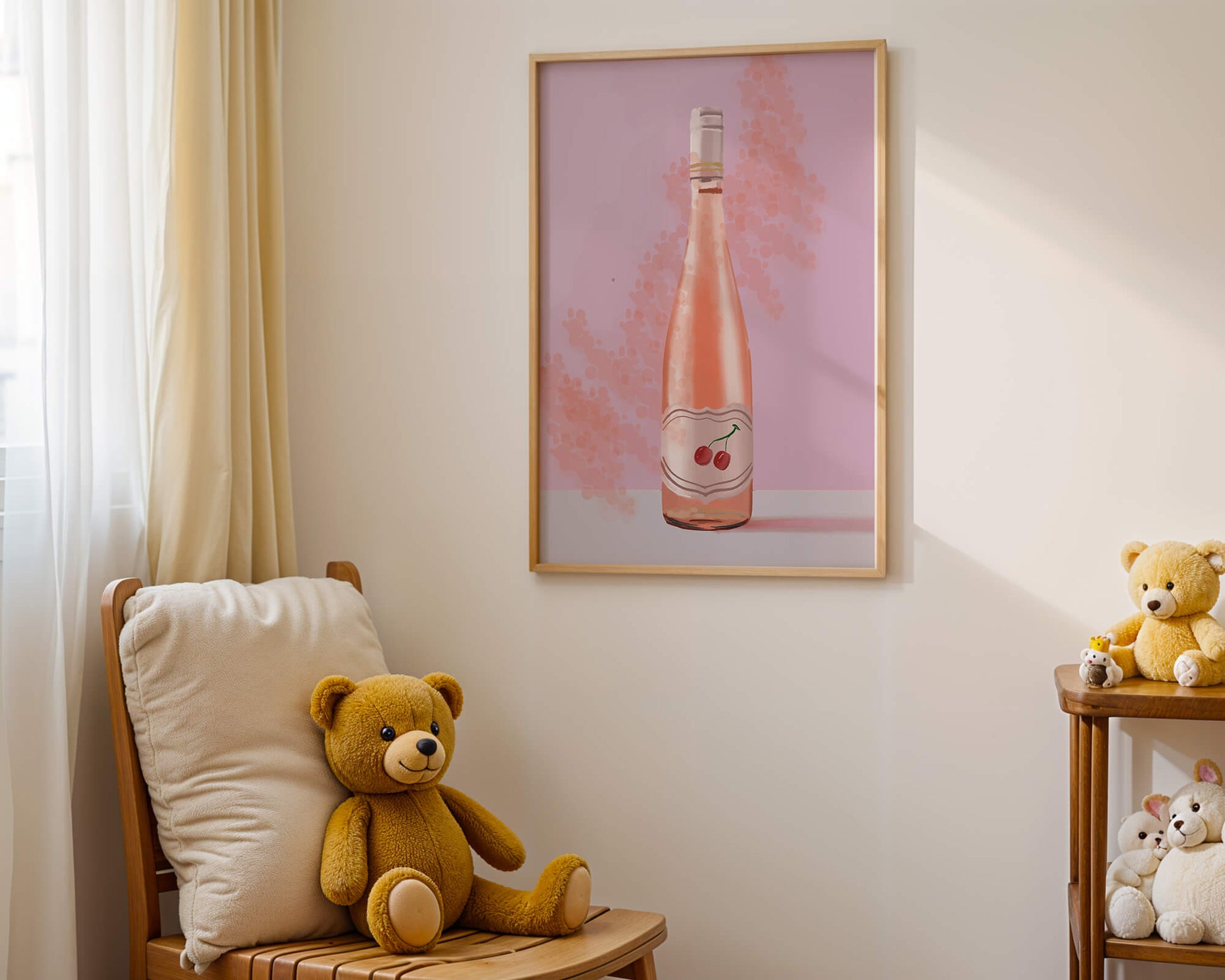 Illustrated wine bottle with a cherry label on pink background