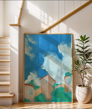 Serene landscape with houses and fluffy clouds against a blue sky
