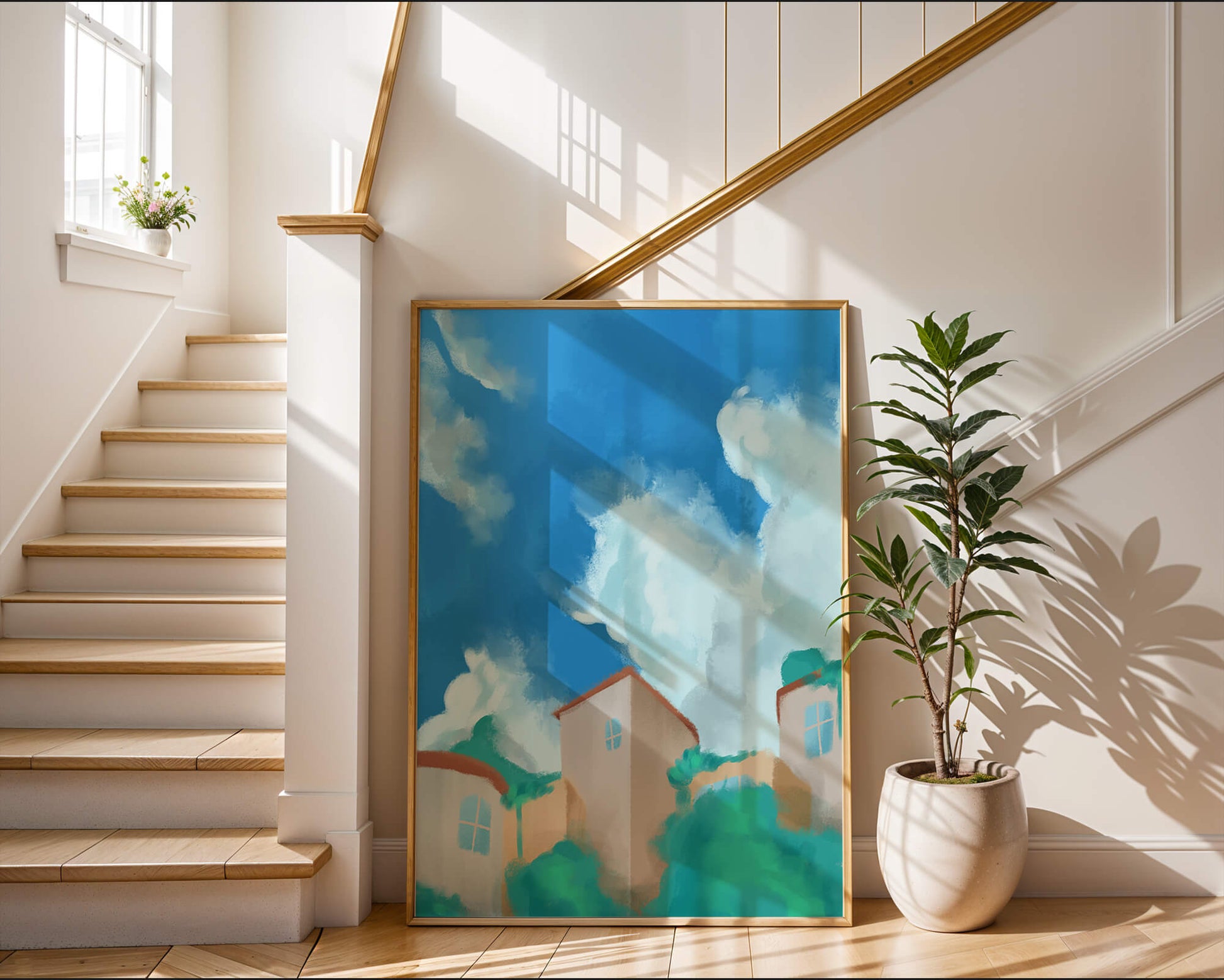 Serene landscape with houses and fluffy clouds against a blue sky