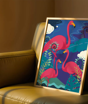 Colorful illustration of flamingos in a tropical setting