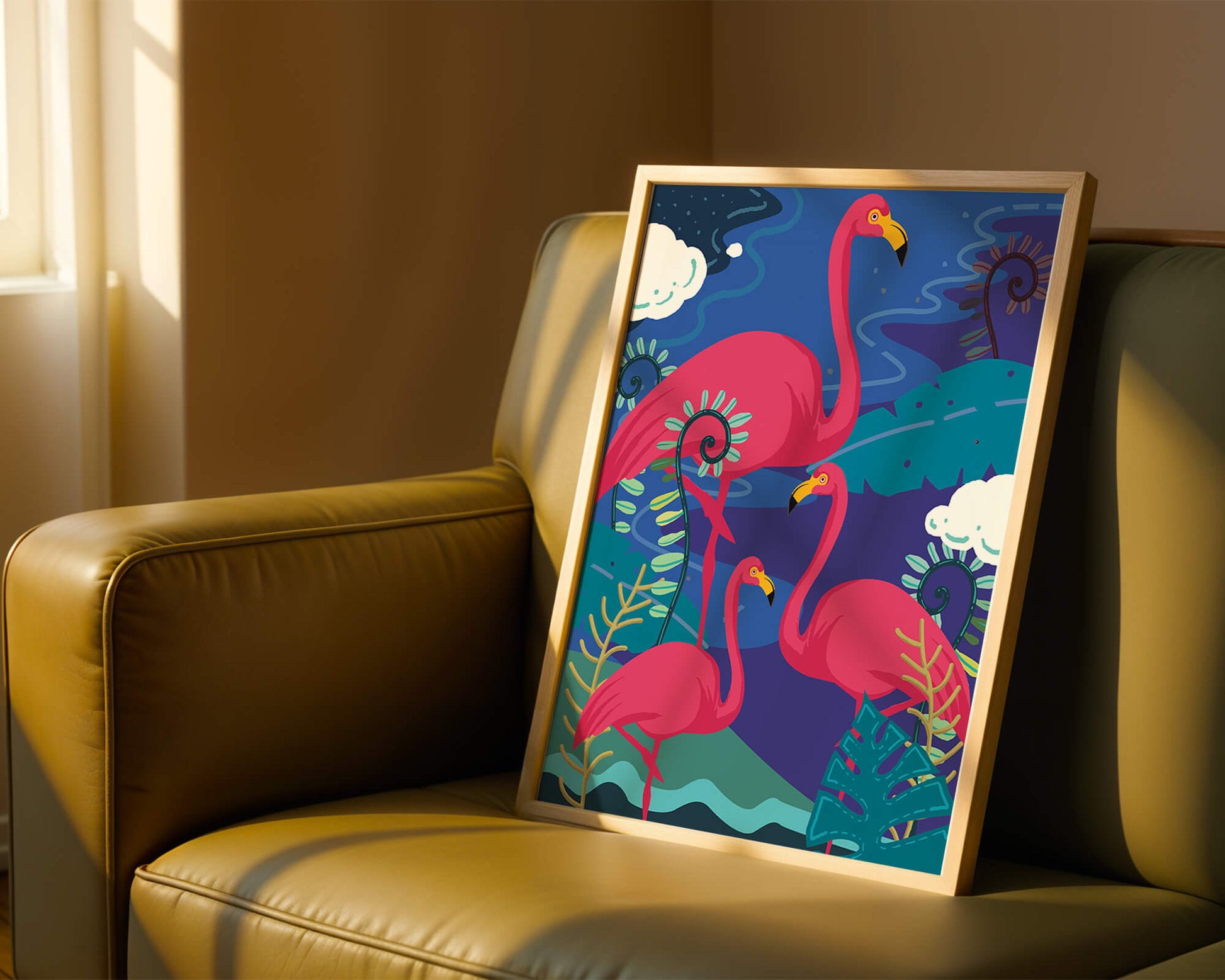 Colorful illustration of flamingos in a tropical setting
