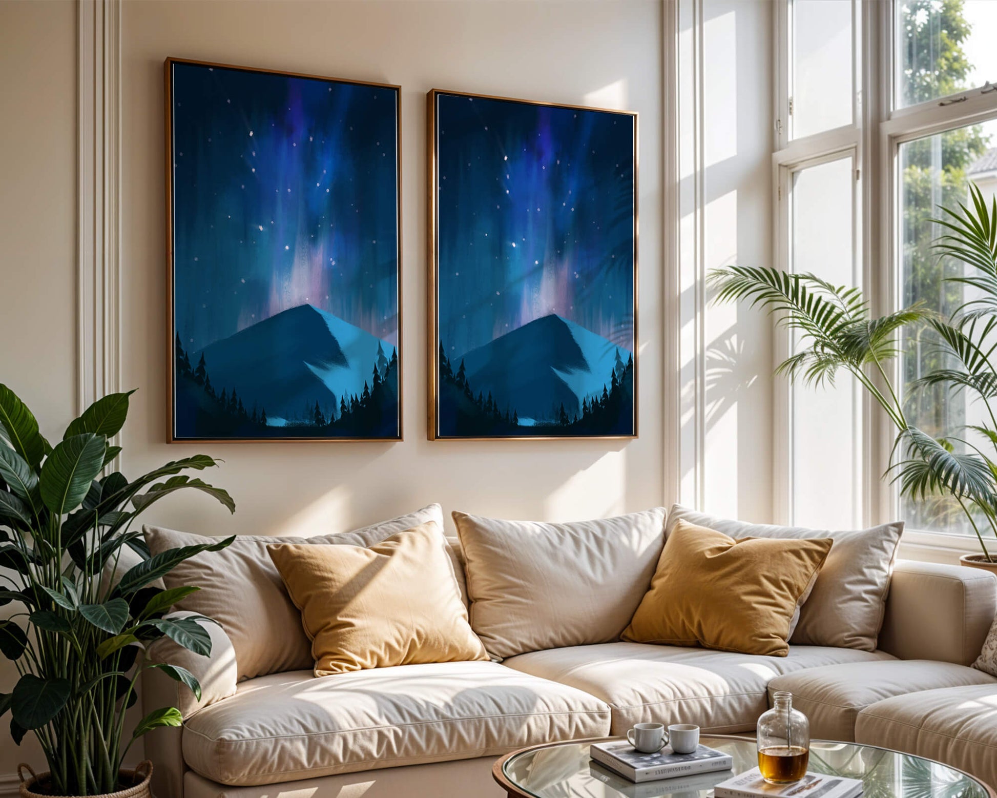 Paisaje montañoso sereno con auroras boreales y bosque oscuro
