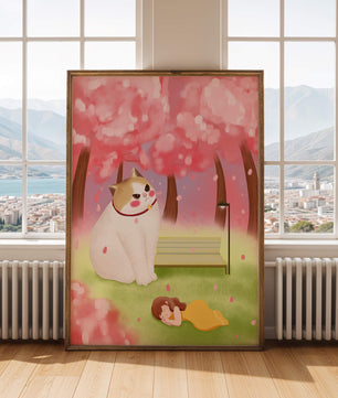 Whimsical scene with giant cat and girl under cherry blossoms