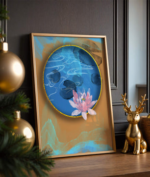 Abstrakte Seerosenkunst mit goldenen Akzenten auf blauem und orangefarbenem Hintergrund