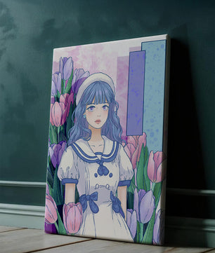 Illustration d'une fille en robe de marin parmi des tulipes avec une palette de couleurs pastel