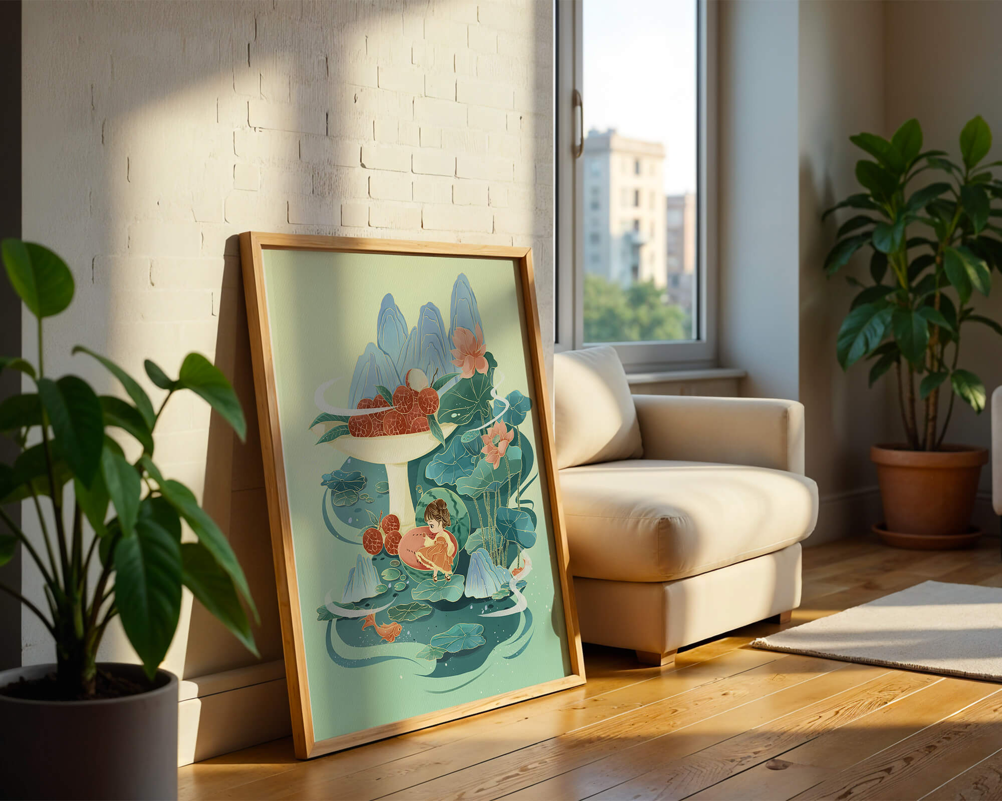 Whimsical illustration with girl, lychee, and lotus flowers